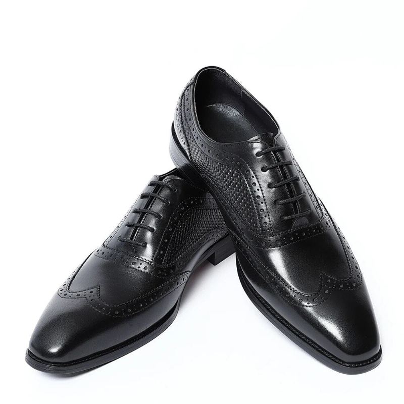 Chaussures Habillées En Cuir Véritable Pour Hommes Faites À La Main Noir Bout Pointu D'aile Richelieu Oxfords Formelles De Fête De Mariage D'affaires - Noir