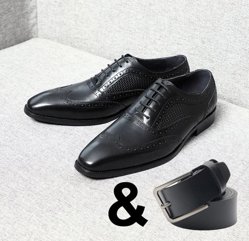 Chaussures Habillées En Cuir Véritable Pour Hommes Faites À La Main Noir Bout Pointu D'aile Richelieu Oxfords Formelles De Fête De Mariage D'affaires - Noir