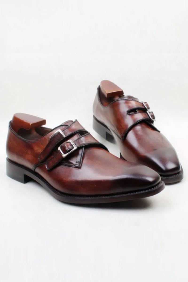 Chaussures Pour Hommes À Double Moine Marron Avec Boucle En Cuir De Veau Véritable Et Semelle Extérieure Respirante