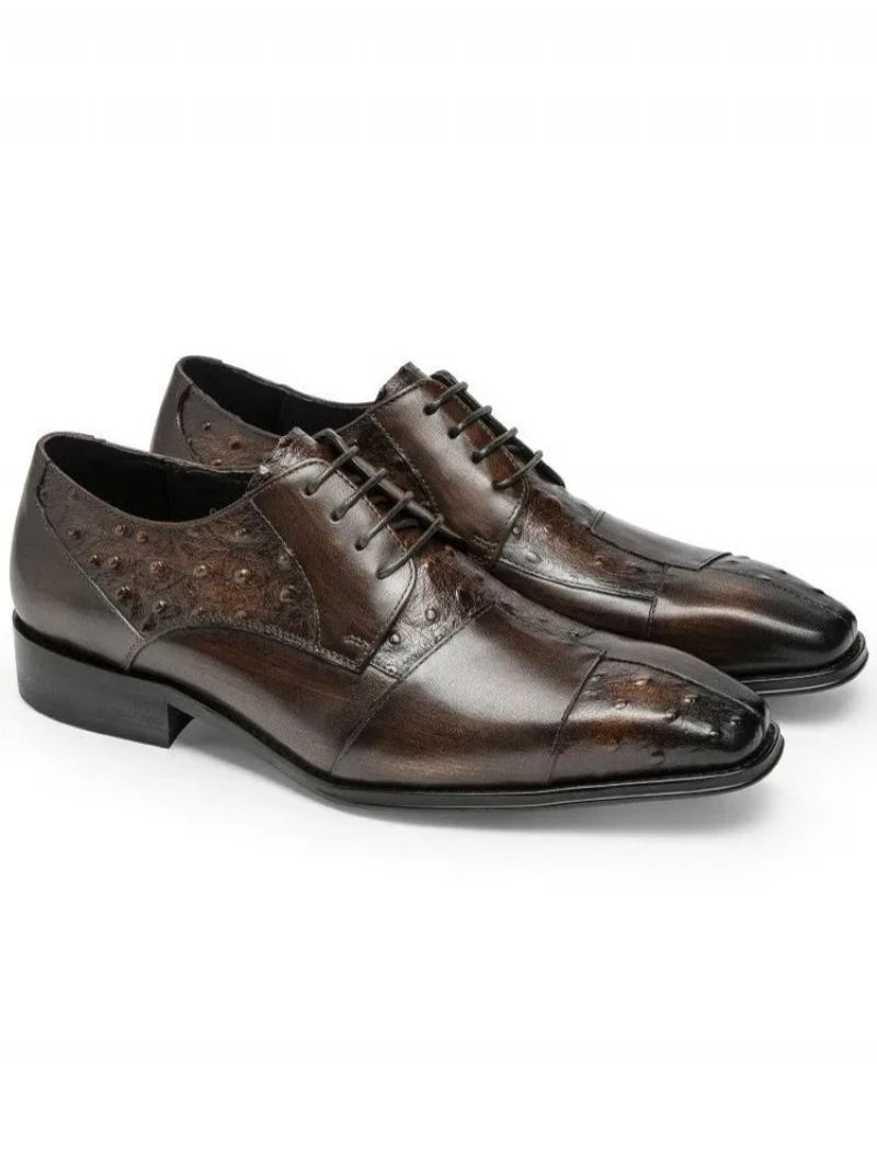 Chaussures De Travail Formelles Faites À La Main Pour Hommes D'affaires Habillées En Cuir De Vache Véritable À Bout Carré Oxfords Italiennes À Lacets Automne - Café