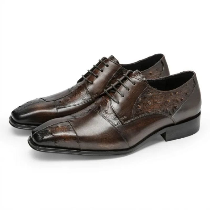 Chaussures De Travail Formelles Faites À La Main Pour Hommes D'affaires Habillées En Cuir De Vache Véritable À Bout Carré Oxfords Italiennes À Lacets Automne - Café