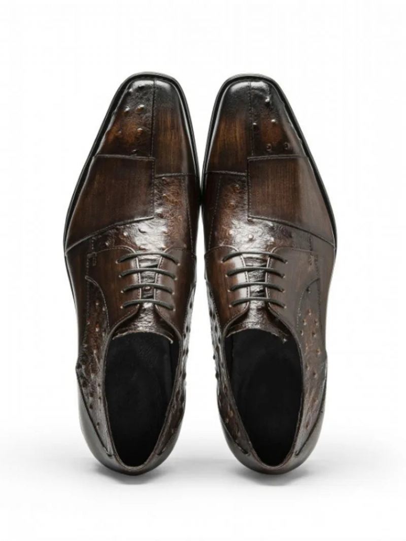 Chaussures De Travail Formelles Faites À La Main Pour Hommes D'affaires Habillées En Cuir De Vache Véritable À Bout Carré Oxfords Italiennes À Lacets Automne - Café