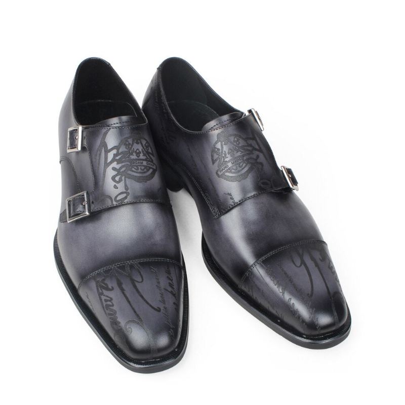 Hommes Chaussures Faites À La Main Lettre Gravure Gris Moine Chaussure Mâle En Cuir Véritable Mariage Bureau Robe Formelle - Gris