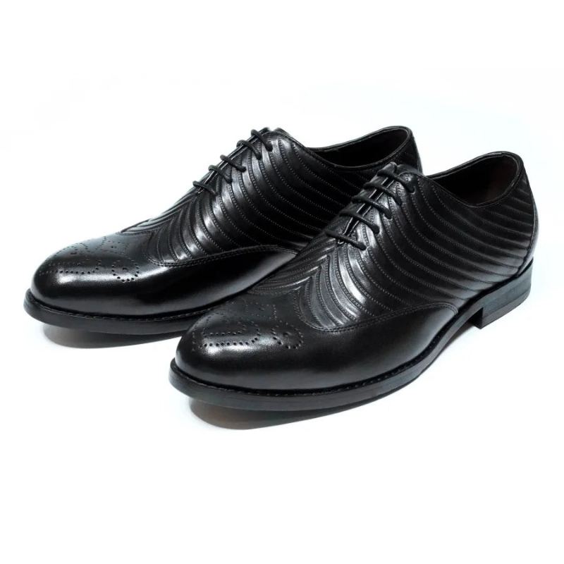 Oxford – Chaussures En Cuir Véritable Pour Hommes À Texture Ailes Fête De Mariage À Lacets Costume De Bureau Formelles - Noir