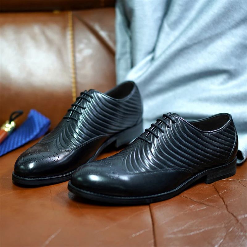 Oxford – Chaussures En Cuir Véritable Pour Hommes À Texture Ailes Fête De Mariage À Lacets Costume De Bureau Formelles - Noir