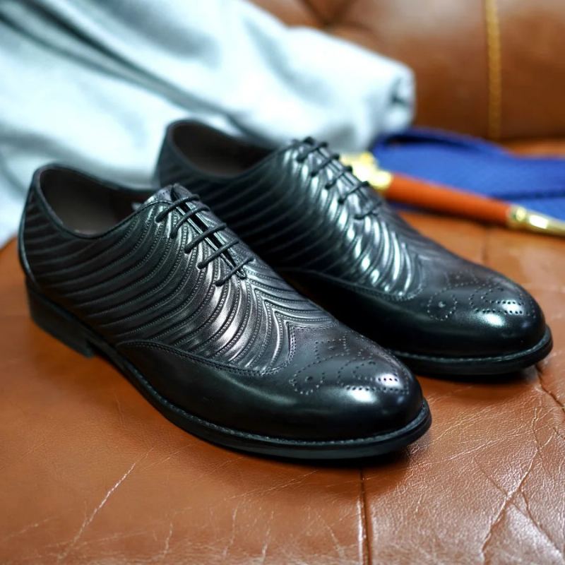 Oxford – Chaussures En Cuir Véritable Pour Hommes À Texture Ailes Fête De Mariage À Lacets Costume De Bureau Formelles - Noir