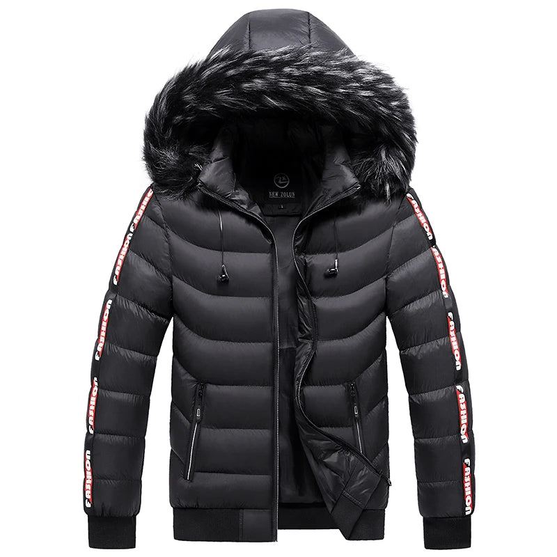 Hiver Hommes Velours Parka Manteau Col De Fourrure À Capuche Plus Épais Chaud Veste - Noir