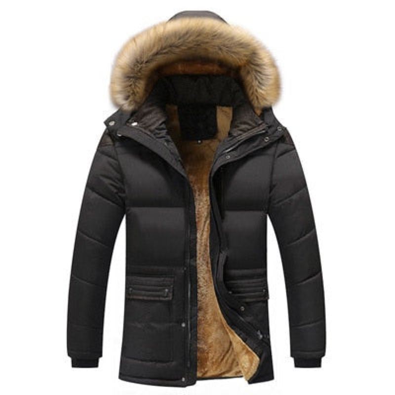 Hiver Hommes Veste Décontracté Fausse Fourrure Col Coton Thermique Parkas Manteaux Homme Polaire Chaud Coupe-vent Vestes À Capuche - Café