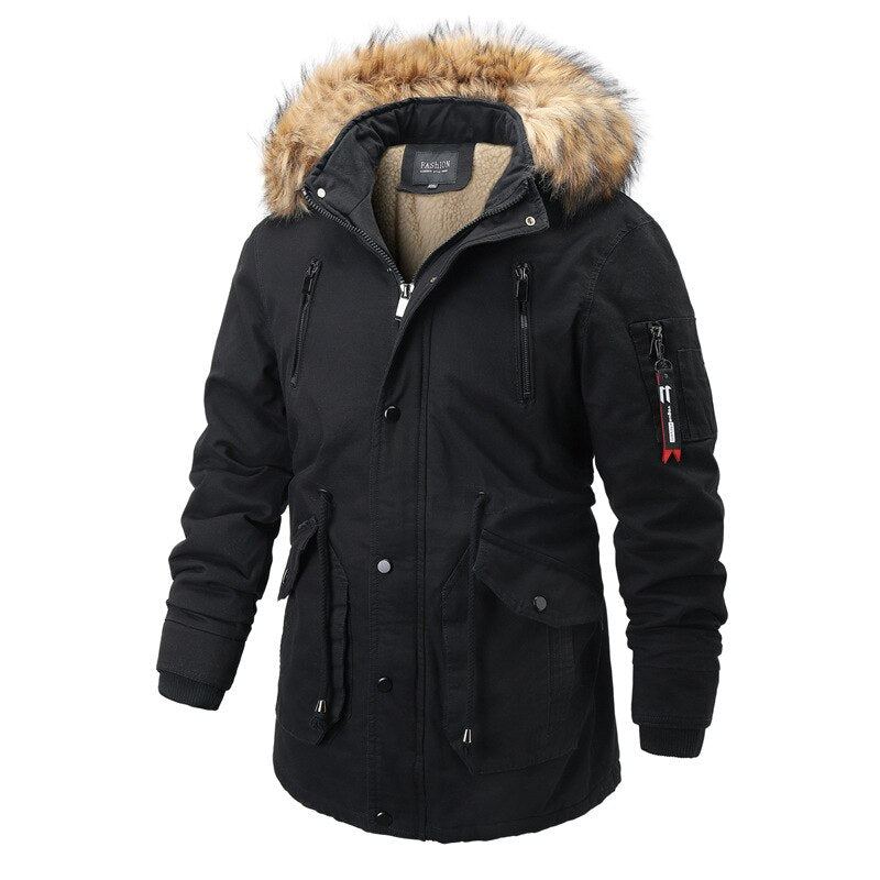 Hommes À Capuche Parkas Manteau Hiver Décontracté Chaud Épaissir Col De Fourrure Veste Détachable Chapeau Polaire Vêtement D'extérieur Pour Homme Pardessus - Noir