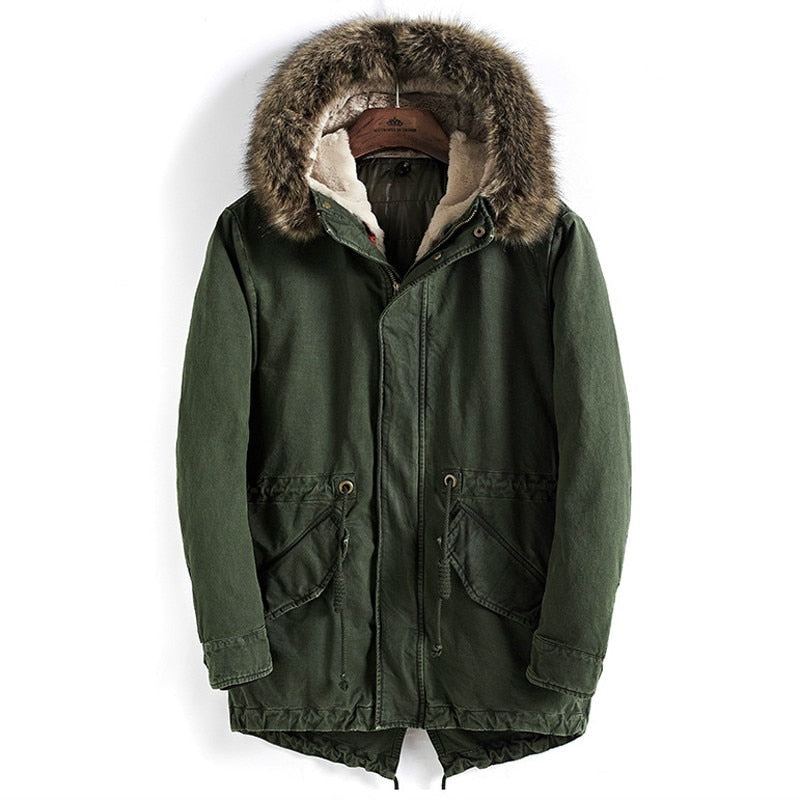 Parka Épaisse Et Chaude Pour Hommes Manteaux D'hiver À Col En Fourrure De Haute Qualité À Capuche Coupe-vent Veste Longue En Coton Pardessus - Vert