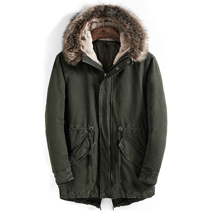 Parka Épaisse Et Chaude Pour Hommes Manteaux D'hiver À Col En Fourrure De Haute Qualité À Capuche Coupe-vent Veste Longue En Coton Pardessus - Vert