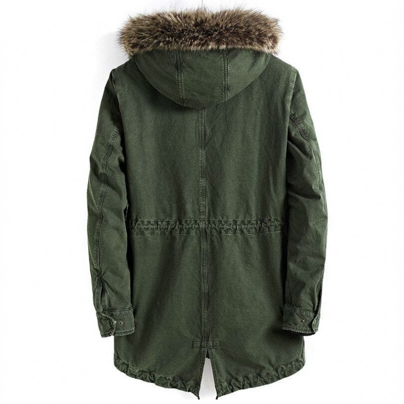 Parka Épaisse Et Chaude Pour Hommes Manteaux D'hiver À Col En Fourrure De Haute Qualité À Capuche Coupe-vent Veste Longue En Coton Pardessus - Vert