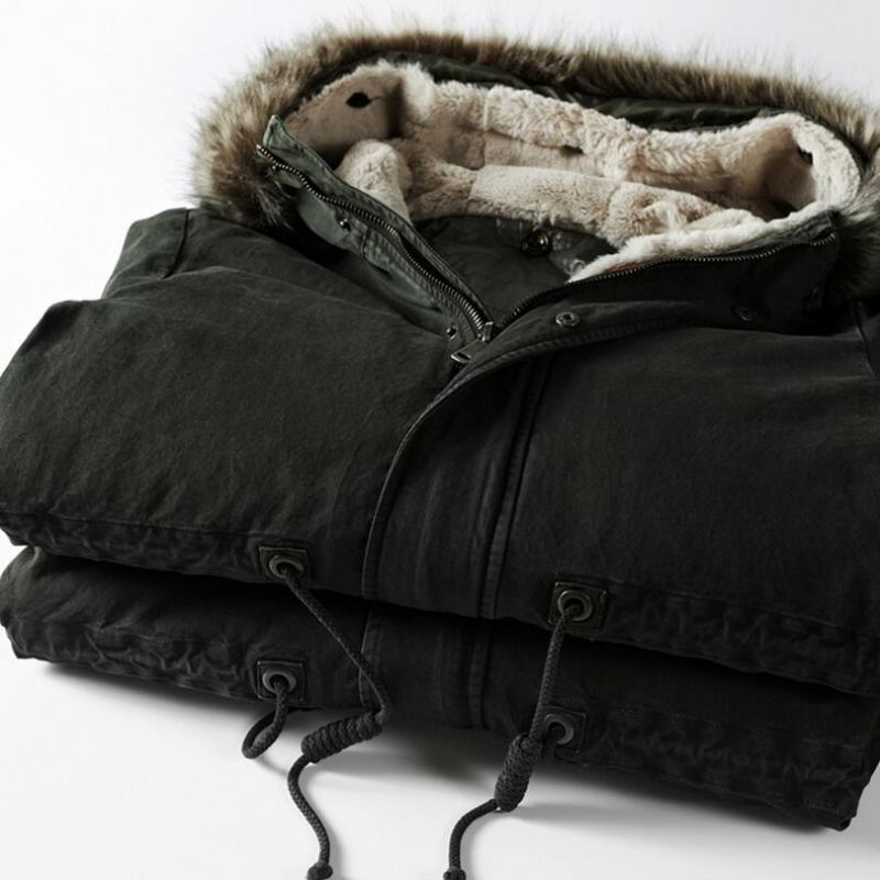 Parka Épaisse Et Chaude Pour Hommes Manteaux D'hiver À Col En Fourrure De Haute Qualité À Capuche Coupe-vent Veste Longue En Coton Pardessus - Vert