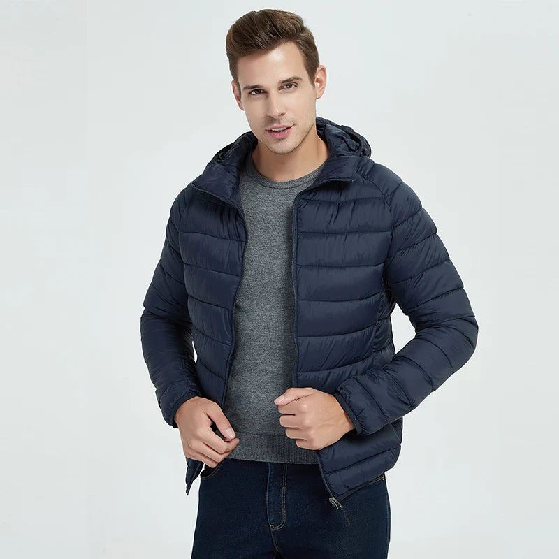 Parkas Ultra Légers Pour Hommes Manteaux Chauds D'automne Vestes Imperméables Décontractées En Coton Solide Pardessus Portable À Capuche - Capuche Marine