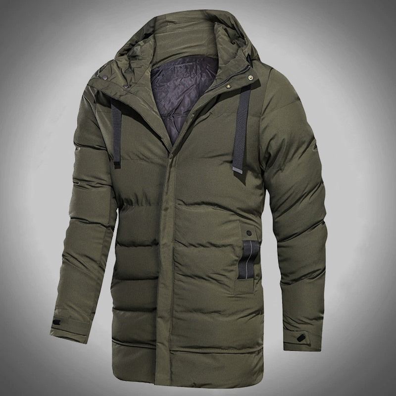 Veste D'hiver Longue Et Chaude Pour Homme Parka À Capuche Coupe-vent Solide En Coton Épais Décontractée Manteau D'extérieur De Bombardier Militaire - Noir