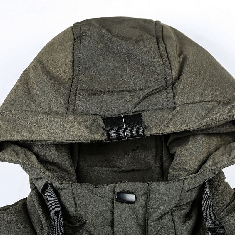 Veste D'hiver Longue Et Chaude Pour Homme Parka À Capuche Coupe-vent Solide En Coton Épais Décontractée Manteau D'extérieur De Bombardier Militaire - Noir