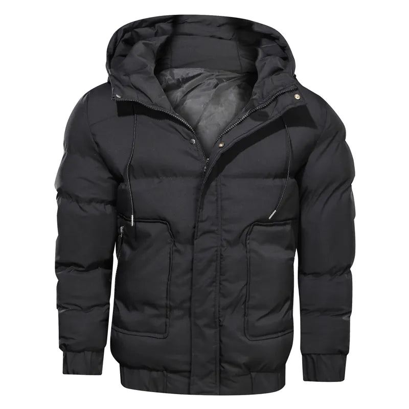 Veste D'hiver Parkas Hommes Solide À Capuche Fermeture Éclair Épaissir Manteaux Chauds Imperméable Vestes Et - Noir