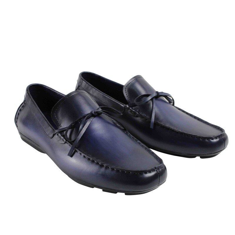 Chaussure De Loisirs Vintage Faite À La Main Pour Hommes Chaussures Décontractées De Luxe En Cuir Véritable Peintes À La - Bleu Foncé