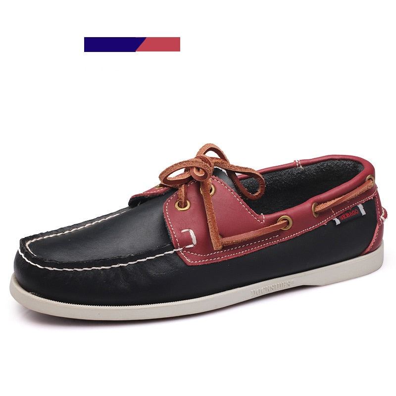 Hommes Chaussures Décontractées Mode Cuir Docksides Bateau Style Britannique À Lacets Mocassins Respirant À La Main - Blanc Rouge