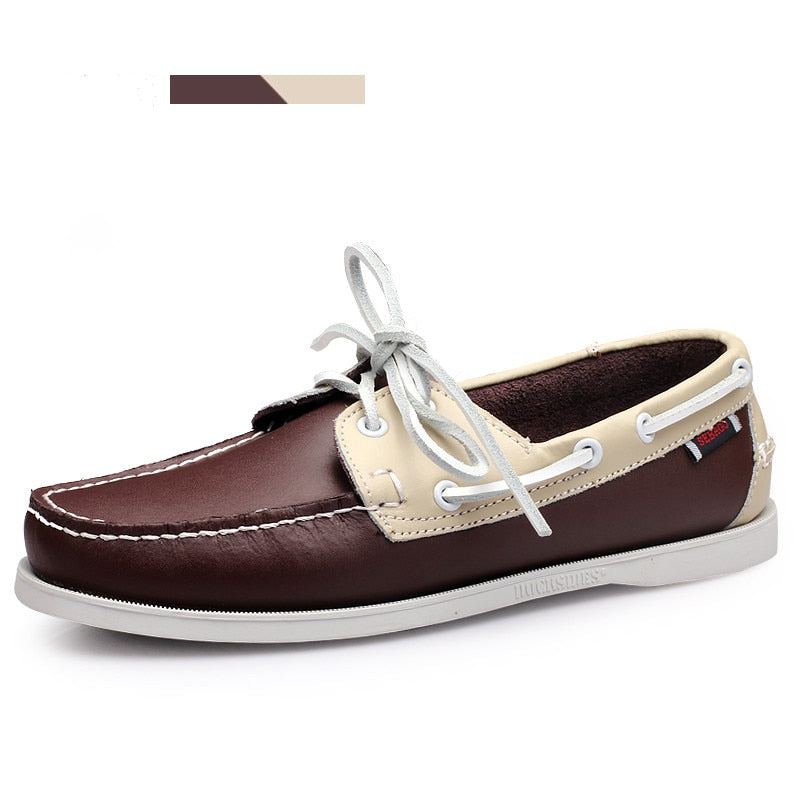 Hommes Chaussures Décontractées Mode Cuir Docksides Bateau Style Britannique À Lacets Mocassins Respirant À La Main - Blanc Rouge