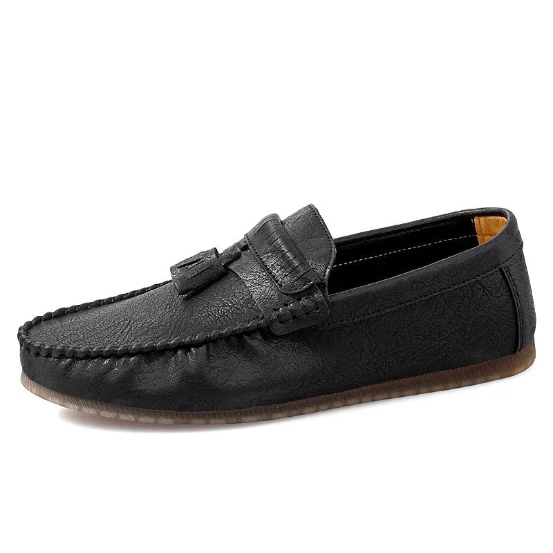 Mocassins En Cuir Pour Hommes Chaussures Faites À La Main Avec Pompon Plates À Enfiler - Noir