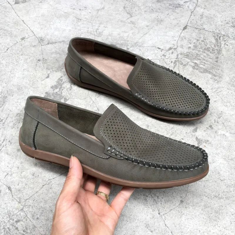 Mocassins En Cuir Véritable Ajourés Respirants Chaussures D'été Confortables À Fond Souple Plates À Enfiler Pour Hommes - Marron