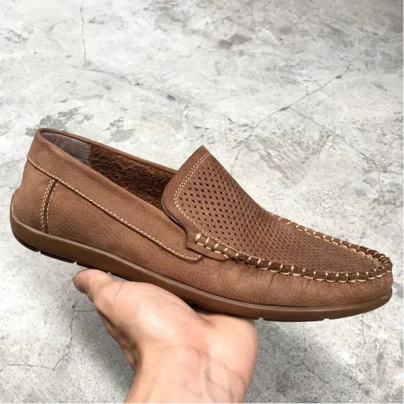 Mocassins En Cuir Véritable Ajourés Respirants Chaussures D'été Confortables À Fond Souple Plates À Enfiler Pour Hommes - Marron