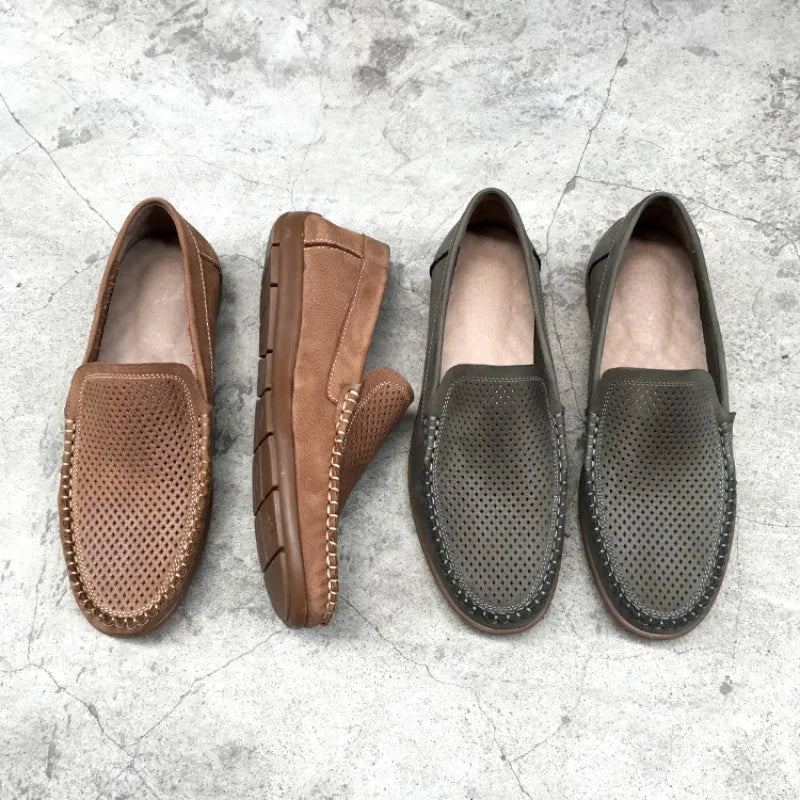 Mocassins En Cuir Véritable Ajourés Respirants Chaussures D'été Confortables À Fond Souple Plates À Enfiler Pour Hommes - Marron