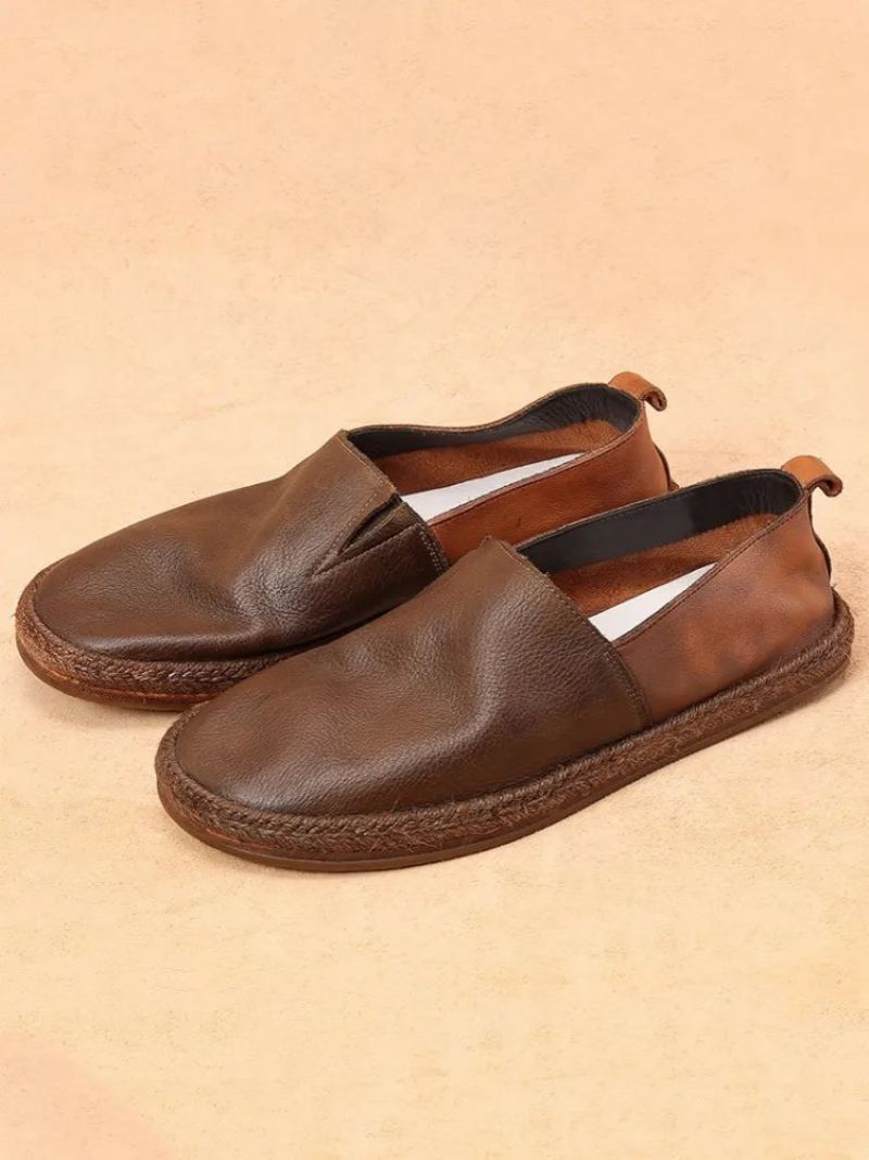 Mocassins D'été Respirants En Cuir Véritable Pour Hommes Chaussures Plates Décontractées À Enfiler Au Quotidien Vintage - Café