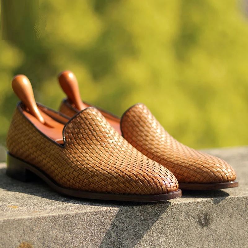 Mocassins Faits À La Main Tissés À Semelle En Cuir Tricoté Pour Hommes Chaussures Sociales Classiques Élégants - Brun