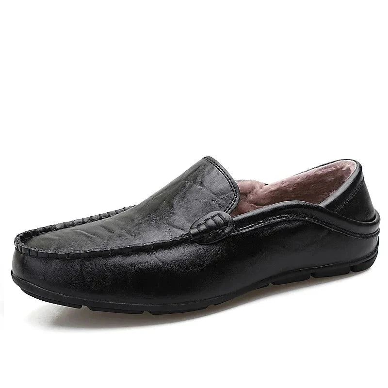 Mocassins Plats En Cuir Et Fourrure Chaude Pour Hommes Chaussures Décontractées Automne Et Hiver - Noir