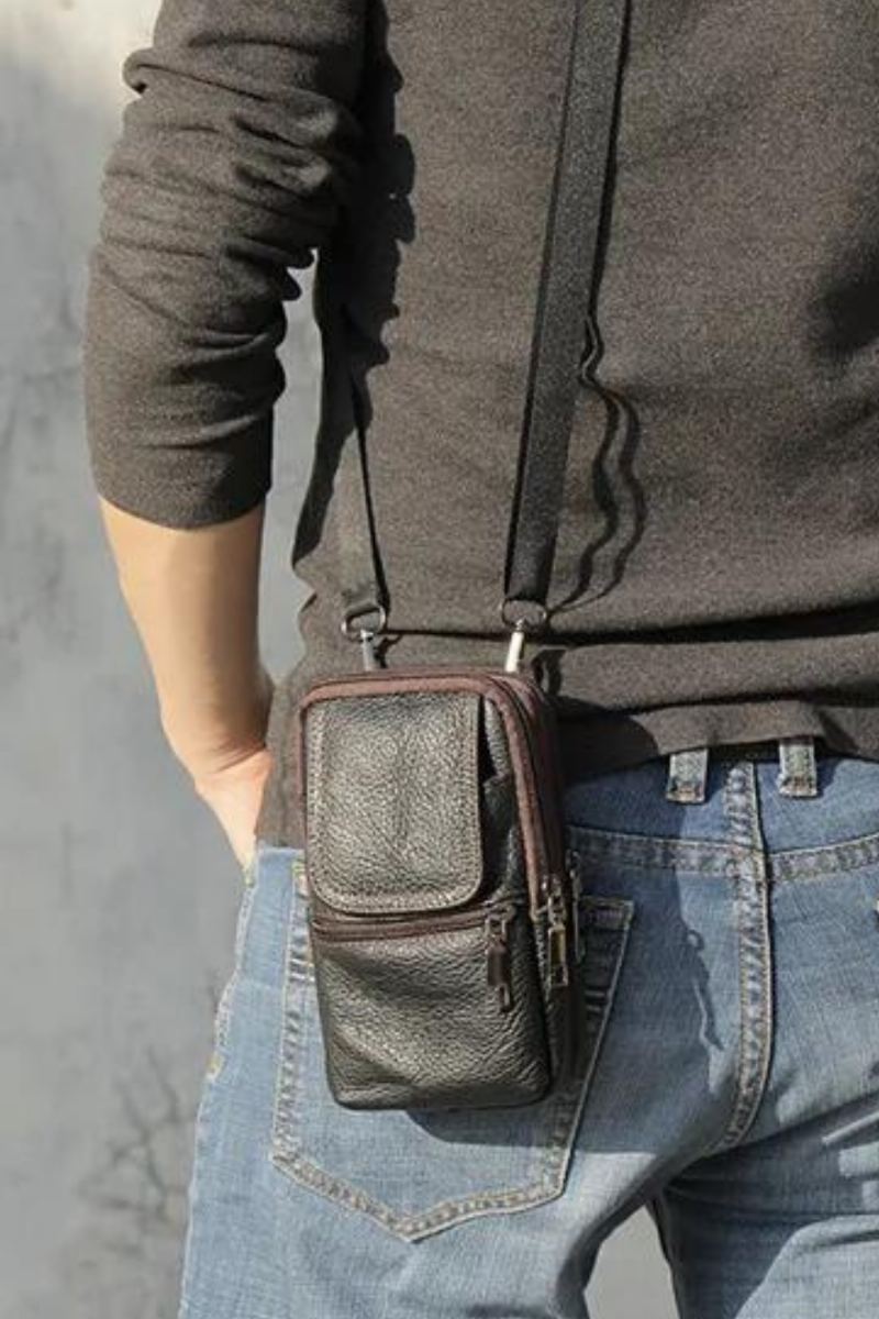 Mini Sac De Taille En Cuir Véritable Pour Hommes - Café Clair