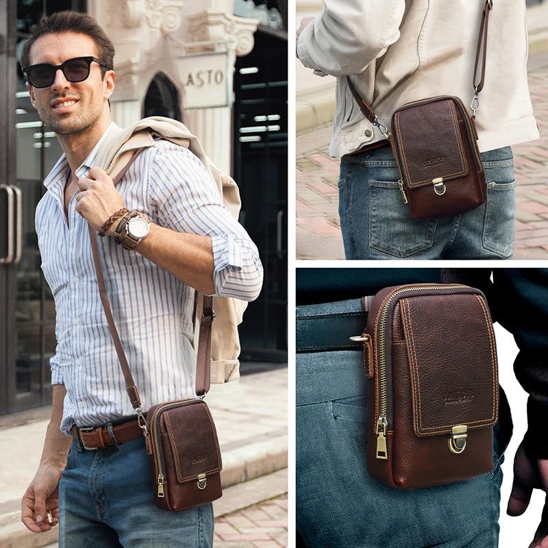 Petit Sac Messager En Cuir Véritable Pour Hommes Sac À Bandoulière Décontracté Avec Sac De Taille De Voyage - Café