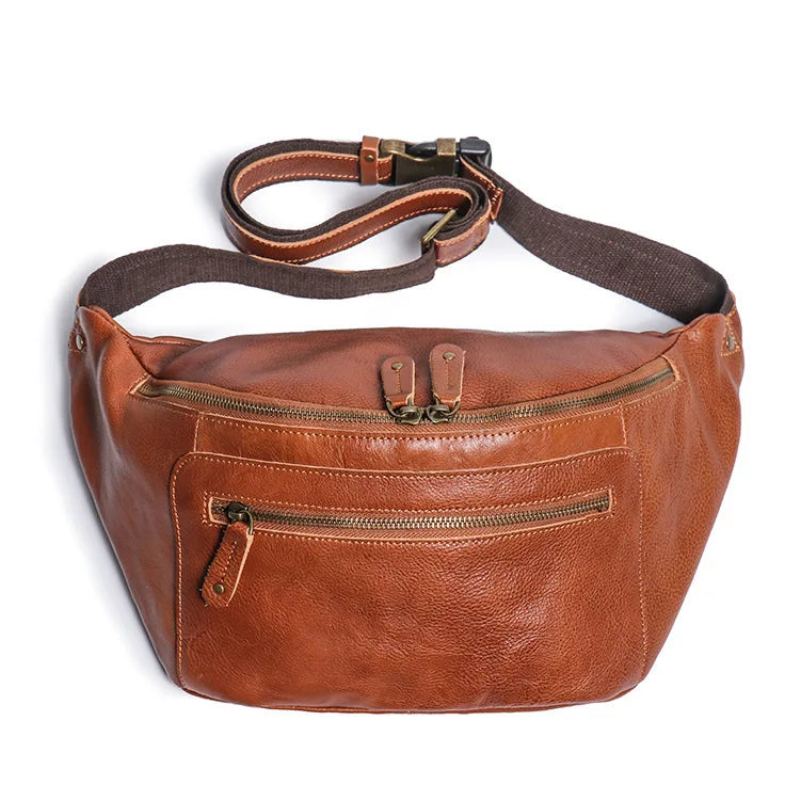 Sac Banane En Cuir Pour Hommes Sac À Bandoulière Simple Sac De Poitrine D'équitation En Plein Air - Marron Foncé