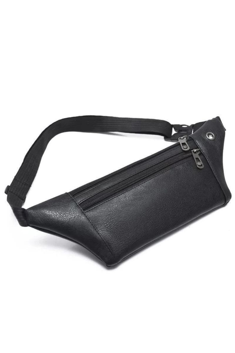 Sac Banane En Cuir À Trois Couches Pour Hommes Sac De Poitrine Polyvalent Avec Trou Écouteurs Sac De Taille Collection D'argent De Sport Tendance - Noir