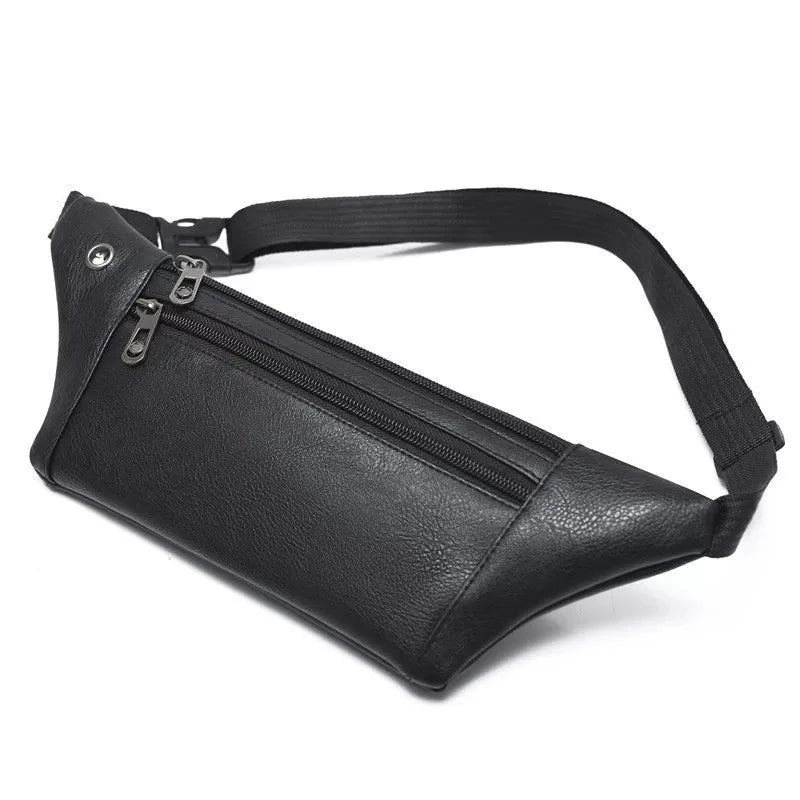 Sac Banane En Cuir À Trois Couches Pour Hommes Sac De Poitrine Polyvalent Avec Trou Écouteurs Sac De Taille Collection D'argent De Sport Tendance - Noir