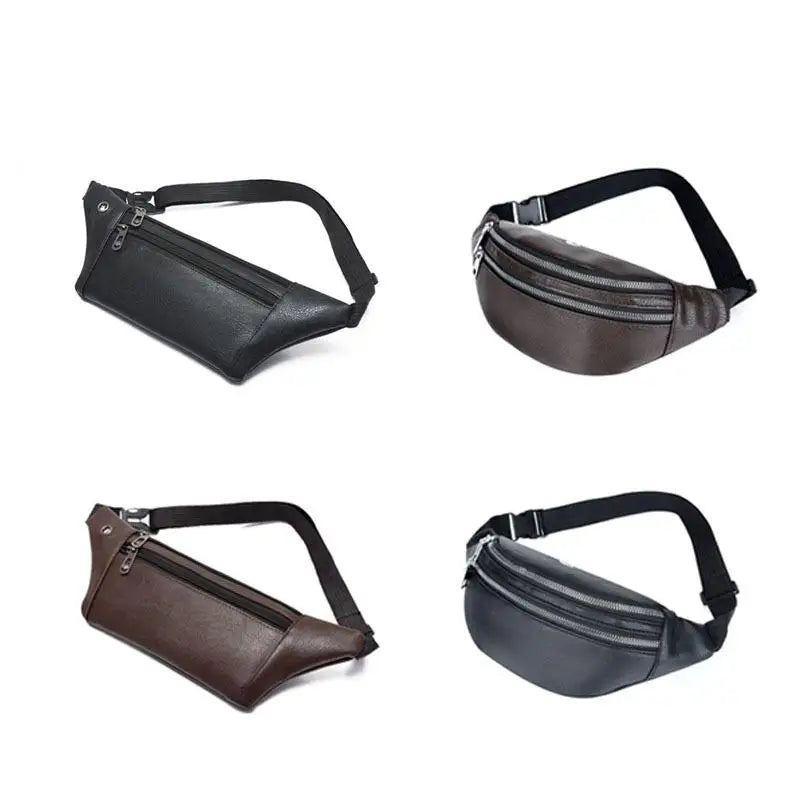 Sac Banane En Cuir À Trois Couches Pour Hommes Sac De Poitrine Polyvalent Avec Trou Écouteurs Sac De Taille Collection D'argent De Sport Tendance - Noir