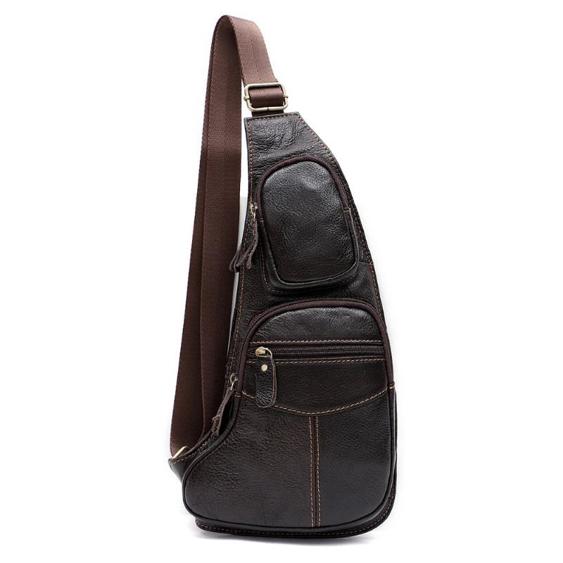 Sac À Bandoulière En Cuir Véritable Pour Hommes Sac De Poitrine Multifonctionnel Sacs Téléphone Portable Sac De Jour - Café