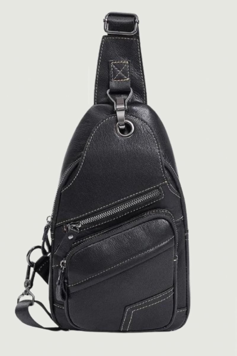 Sac À Bandoulière En Cuir Véritable Pour Hommes Sac De Poitrine Vintage Décontracté Sacs À Pack De Avec Trou Écouteurs