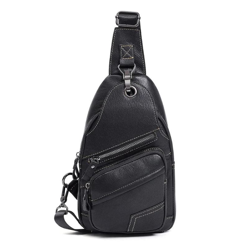 Sac À Bandoulière En Cuir Véritable Pour Hommes Sac De Poitrine Vintage Décontracté Sacs À Pack De Avec Trou Écouteurs - Noir