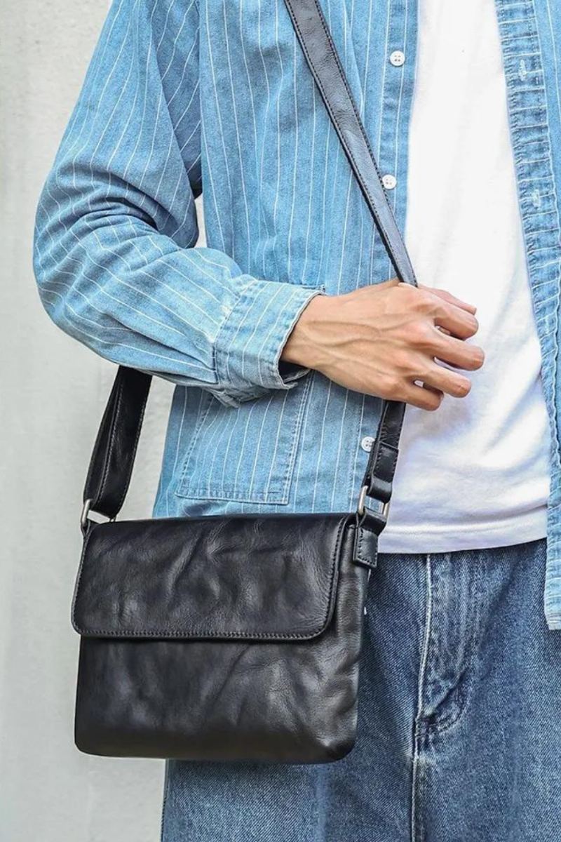 Sac À Bandoulière En Cuir Véritable Pour Hommes Sacs À À Rabat Petit Sac Messager Noir Travail