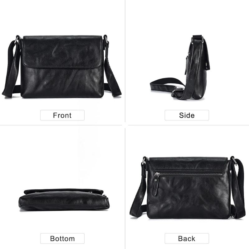 Sac À Bandoulière En Cuir Véritable Pour Hommes Sacs À À Rabat Petit Sac Messager Noir Travail - Noir