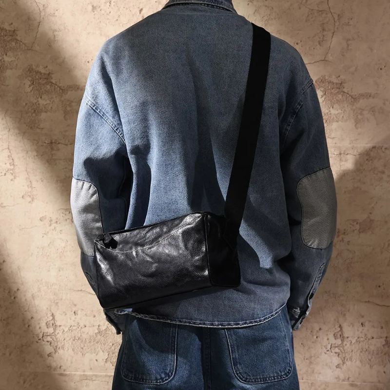 Sac À Bandoulière En Cuir Véritable Pour Hommes Sacs À Rétro Petits De Voyage À Main Décontractés - Noir