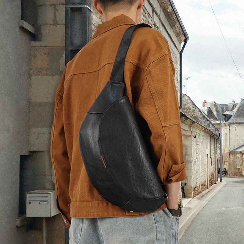 Sac À Bandoulière En Cuir Véritable Pour Hommes Sac De Voyage Sacs De Poitrine Sacoches - Noir