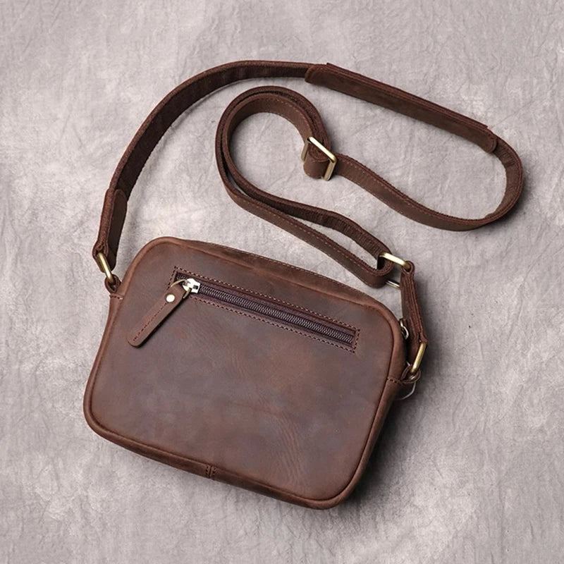 Sac Bandoulière Homme Cuir Vintage Rabat Téléphone Sac Simple Sac Crazy Horse Rétro - Marron