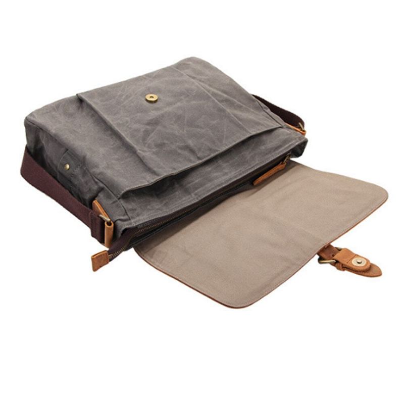 Sac À Bandoulière En Toile Et Cuir Pour Hommes Sacoche Décontractée Vintage Sacs À Imperméables Sac De Voyage De Haute Qualité - Gris