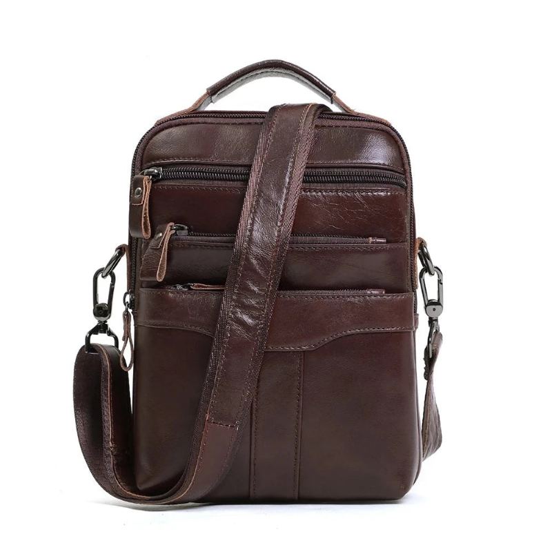 Sac À Bandoulière Vintage En Cuir Véritable Pour Hommes Sac À Main Décontracté Naturel Sacoche À Rabat - Marron