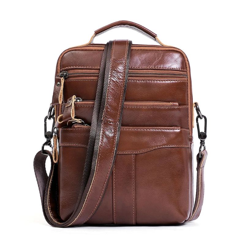 Sac À Bandoulière Vintage En Cuir Véritable Pour Hommes Sac À Main Décontracté Naturel Sacoche À Rabat - Marron