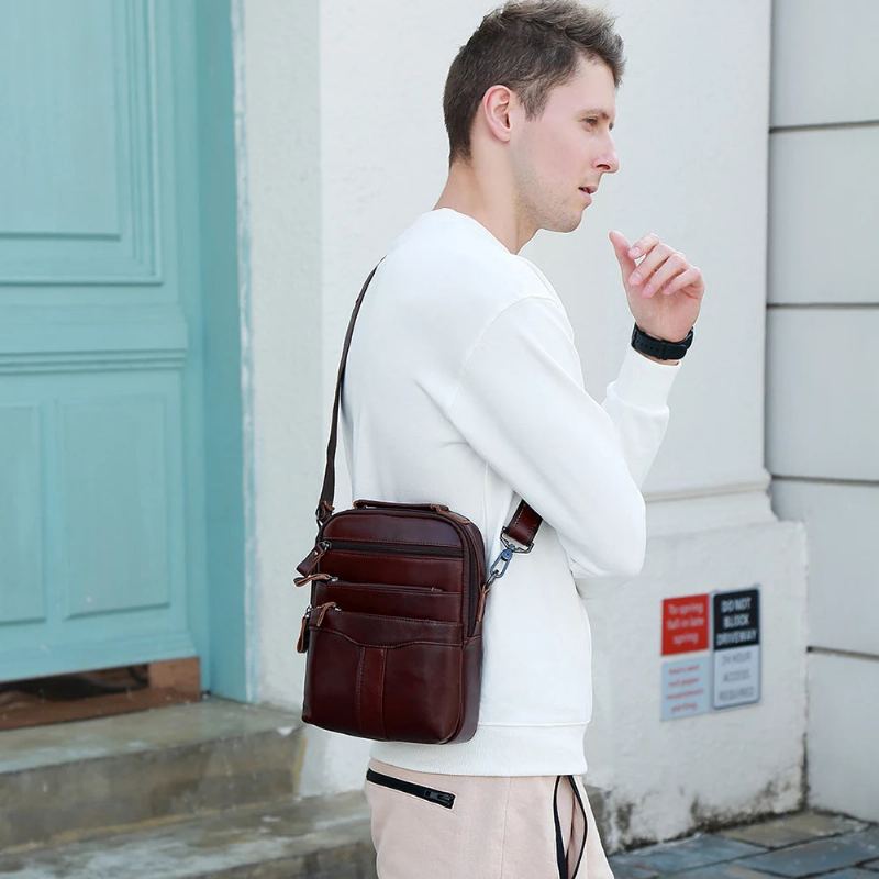 Sac À Bandoulière Vintage En Cuir Véritable Pour Hommes Sac À Main Décontracté Naturel Sacoche À Rabat - Marron