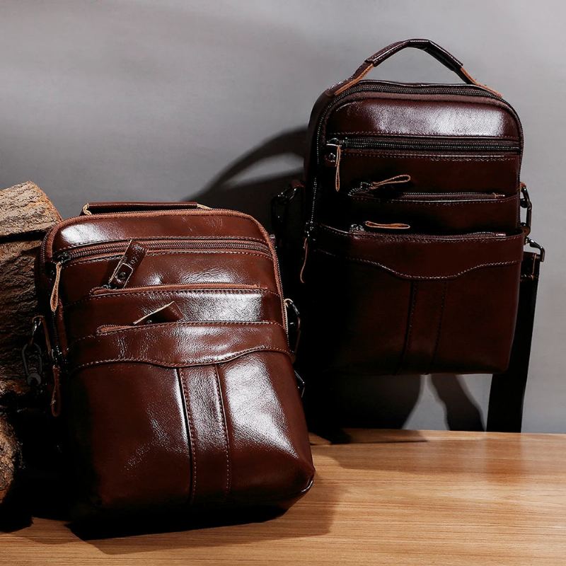 Sac À Bandoulière Vintage En Cuir Véritable Pour Hommes Sac À Main Décontracté Naturel Sacoche À Rabat - Marron